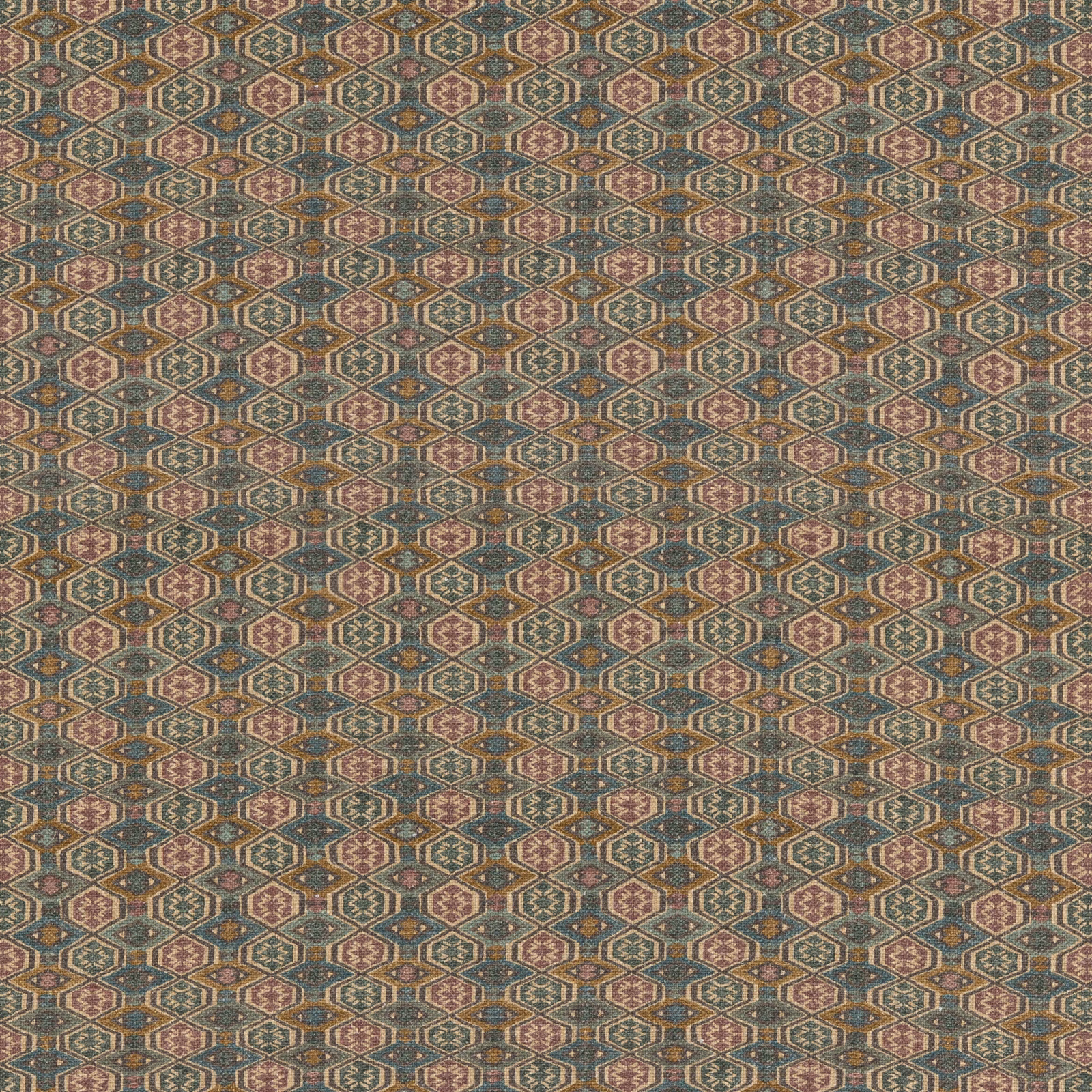 Muted teal geometric diamond fabric with terracotta, cream and olive detailing
