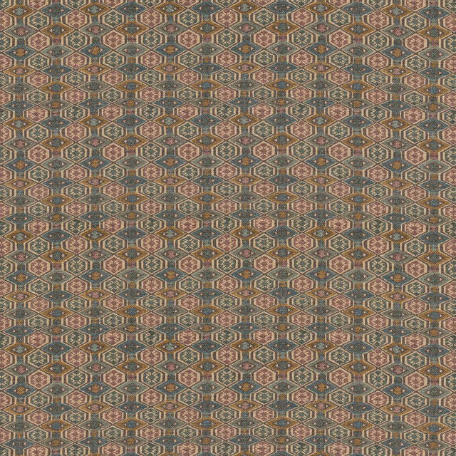 Muted teal geometric diamond fabric with terracotta, cream and olive detailing