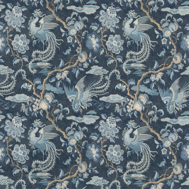 Deep indigo linen with pale long-tailed birds, flowers and curling branches