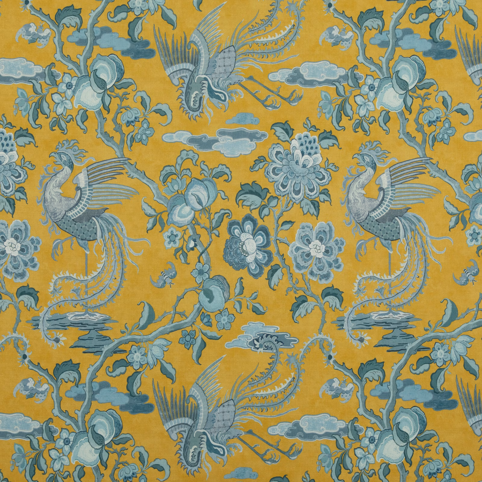 Mustard-ochre linen with blue-grey cranes, flowers, foliage and cloud motifs