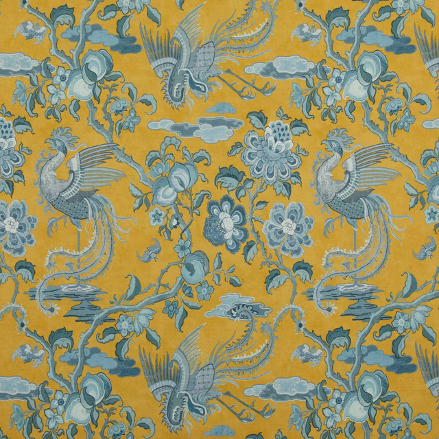 Mustard-ochre linen with blue-grey cranes, flowers, foliage and cloud motifs