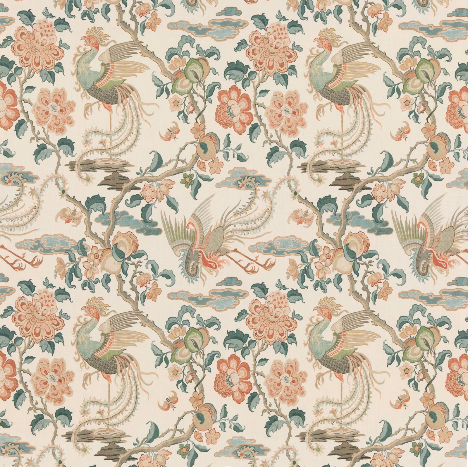 Muted teal chinoiserie birds and coral flowers on a cream linen ground