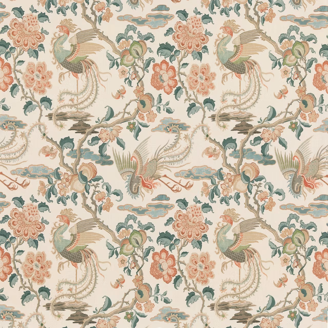 Muted teal chinoiserie birds and coral flowers on a cream linen ground