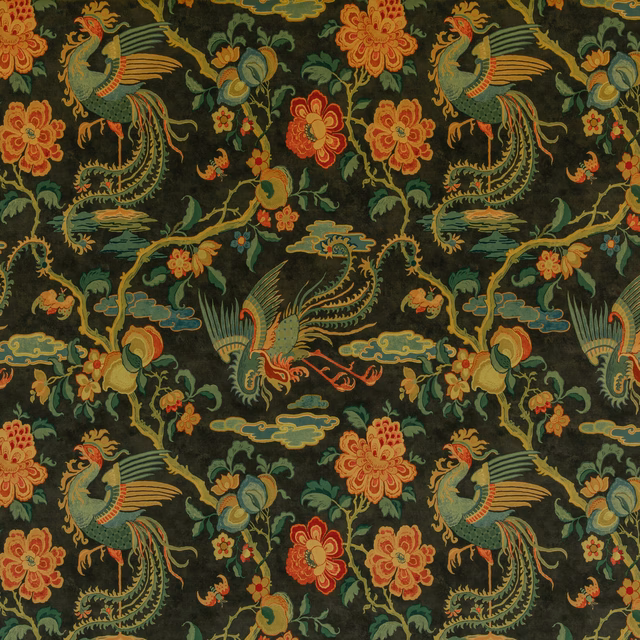 Charcoal velvet with coral flowers, teal birds, curling foliage and ochre cloud motifs