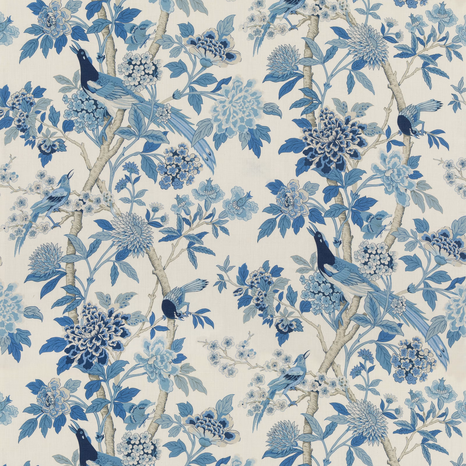 Ivory linen with muted blue birds, flowering branches and large botanical sprays