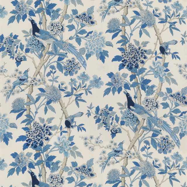 Ivory linen with muted blue birds, flowering branches and large botanical sprays