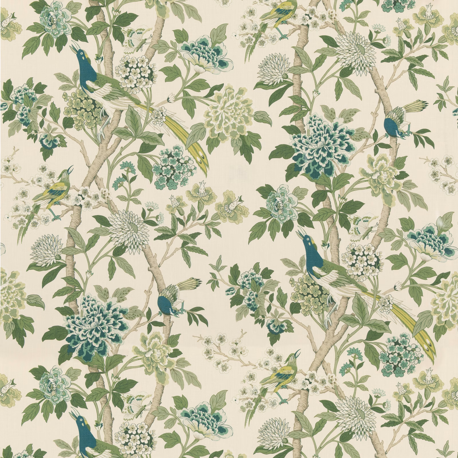 Cream linen with green birds, flowering branches and layered leafy botanical motifs