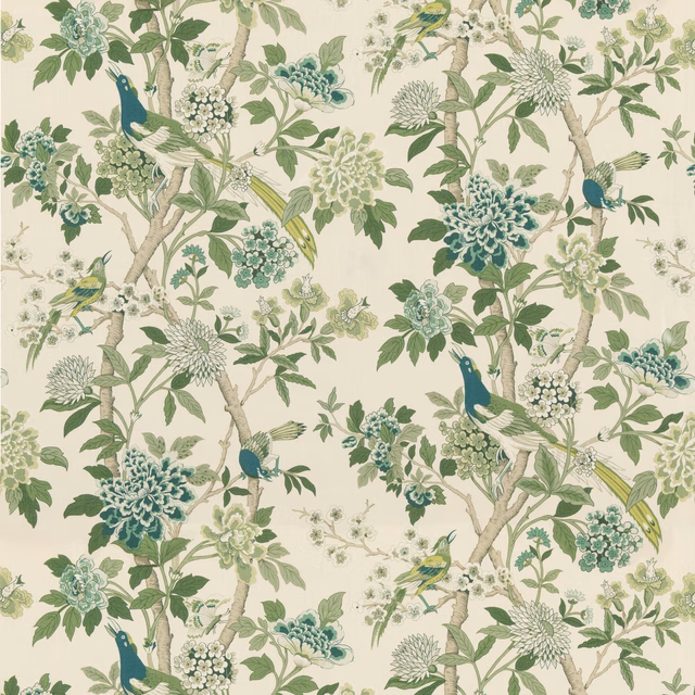 Cream linen with green birds, flowering branches and layered leafy botanical motifs