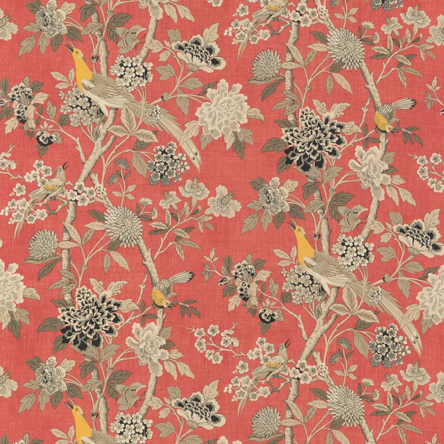 Muted old-rose linen with cream birds, flowering branches and dark chrysanthemums