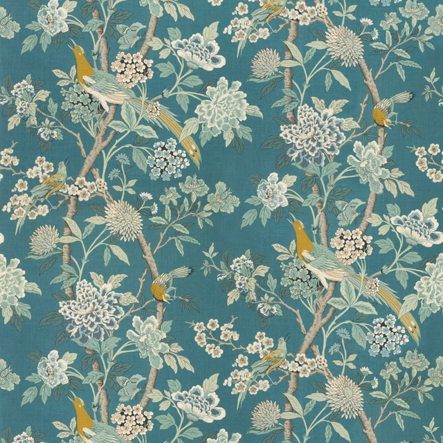 Muted teal linen with cream blossoms, branching foliage and ochre birds