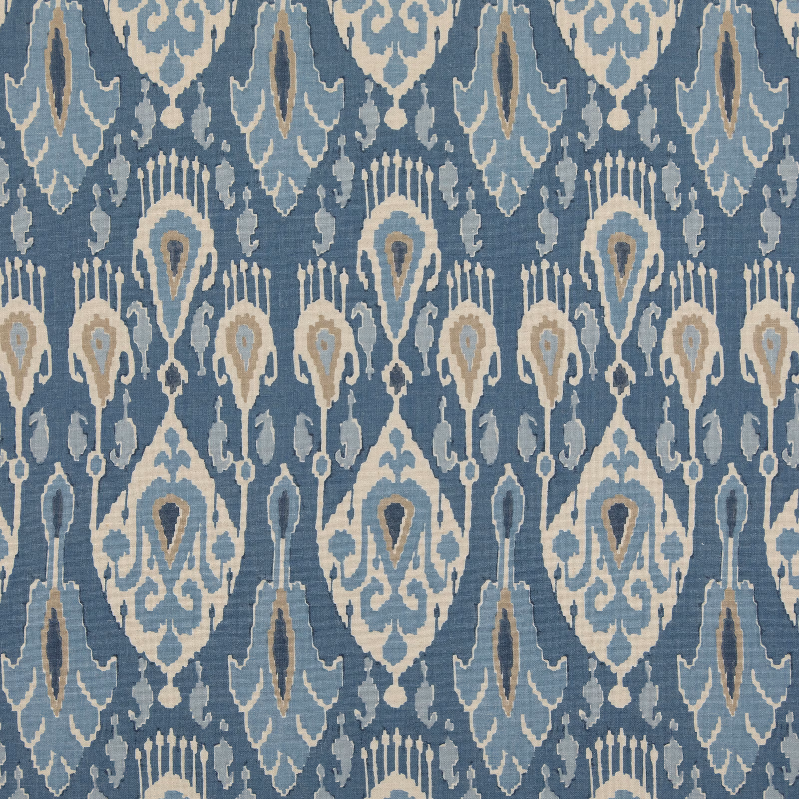Muted blue ikat fabric with ivory boteh motifs and taupe woven accents