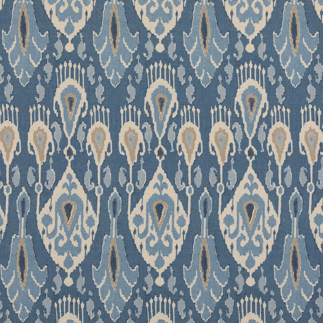 Muted blue ikat fabric with ivory boteh motifs and taupe woven accents