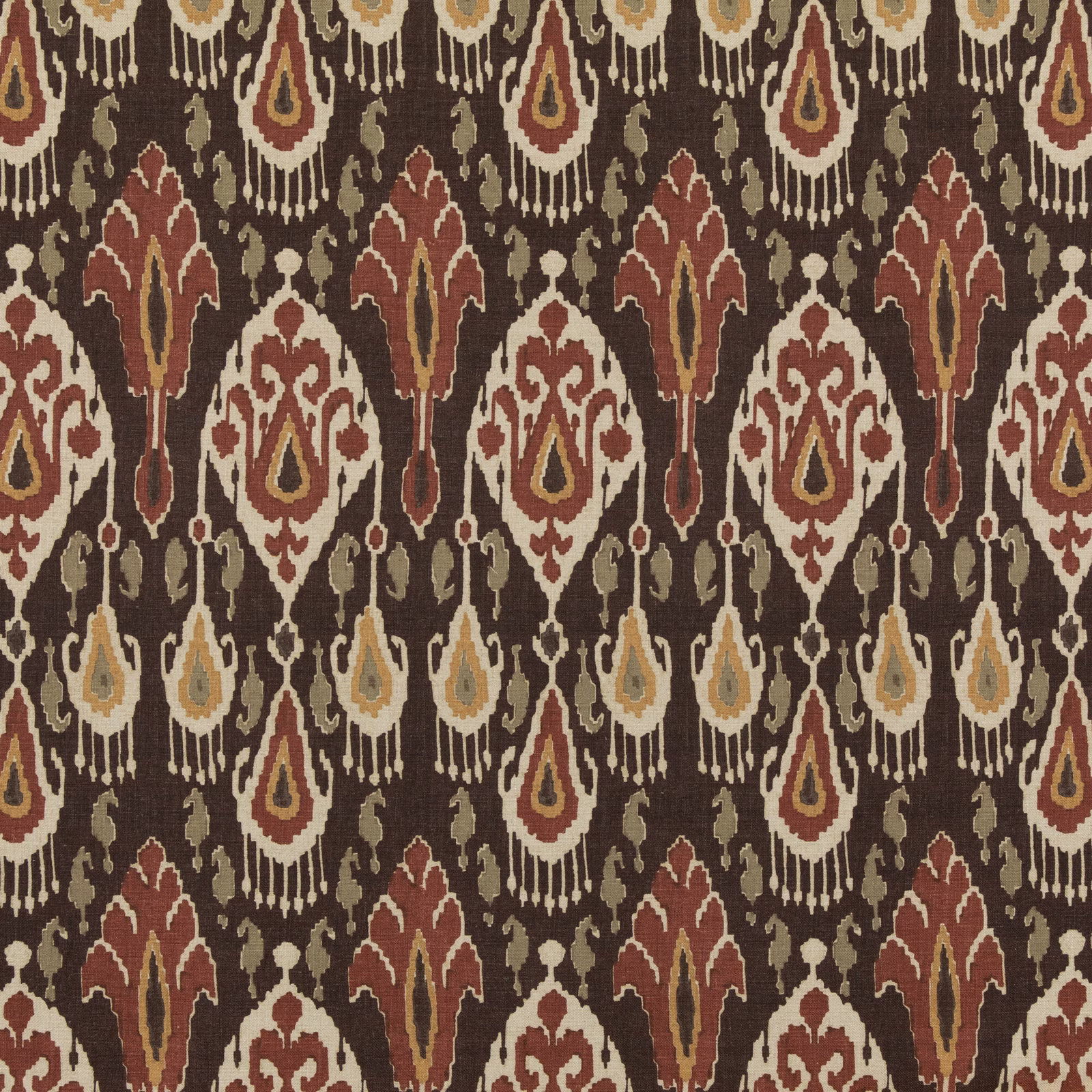 Espresso brown ikat with burgundy floral motifs, cream ogees and ochre teardrops