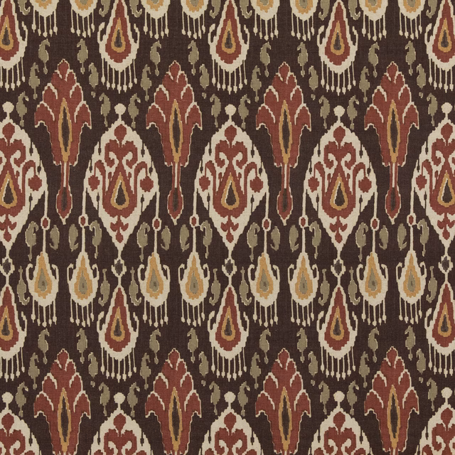 Espresso brown ikat with burgundy floral motifs, cream ogees and ochre teardrops