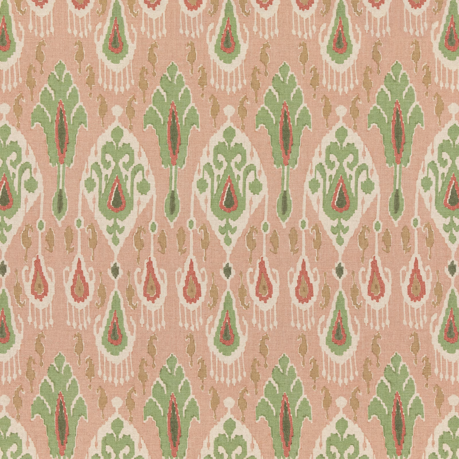Dusty rose and sage green ikat ogee motifs on a textured woven ground
