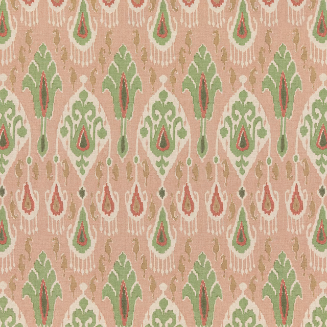 Dusty rose and sage green ikat ogee motifs on a textured woven ground