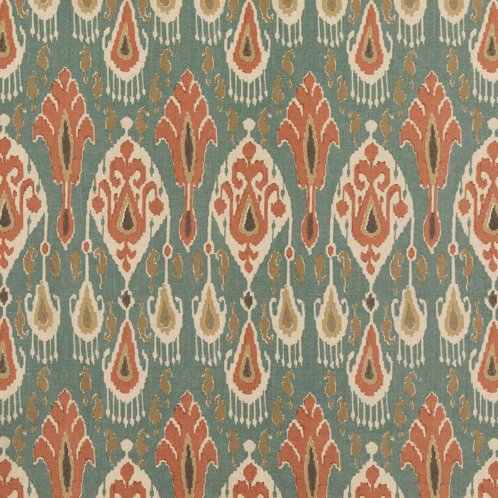 Muted teal ikat fabric with rust, cream and olive geometric motifs