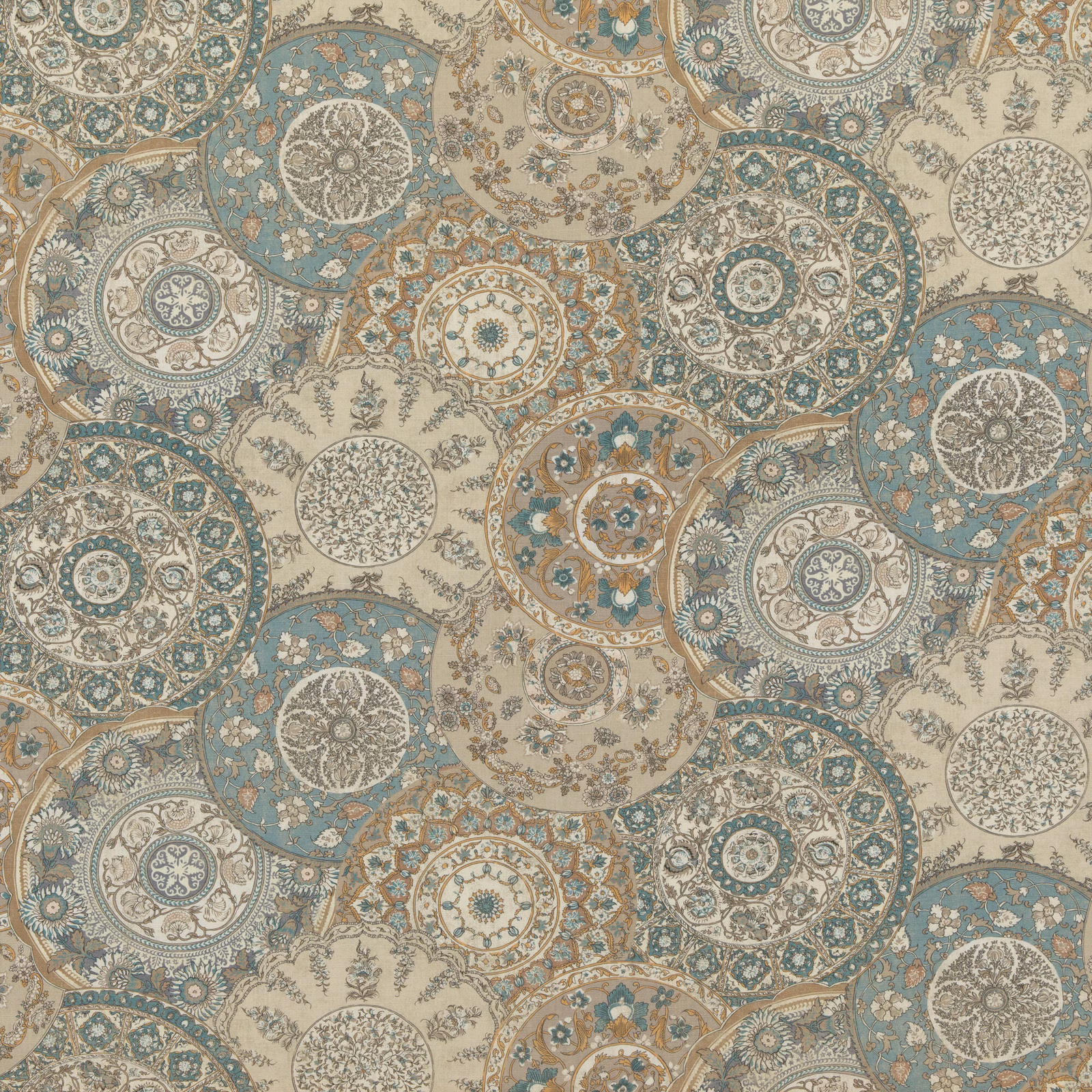 Soft blue and taupe circular medallions with fine botanical detail on woven fabric