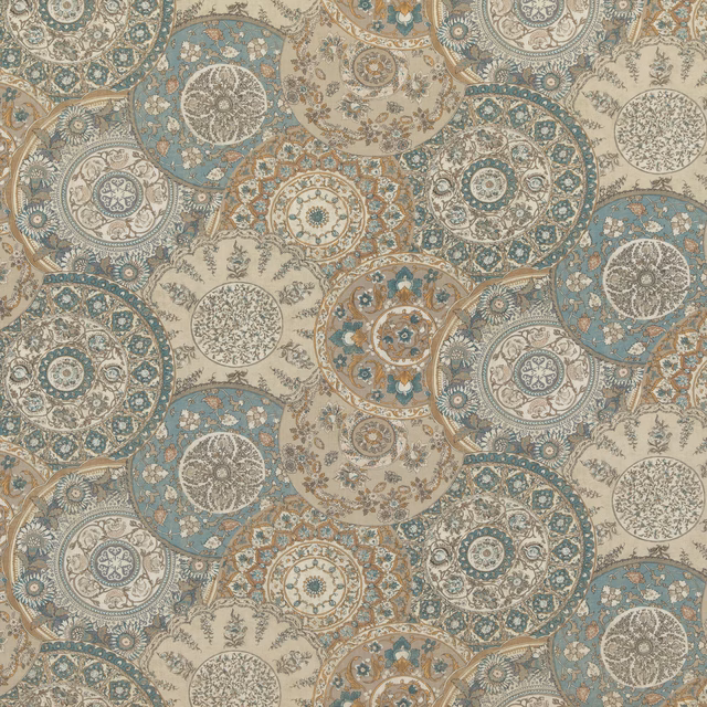 Soft blue and taupe circular medallions with fine botanical detail on woven fabric