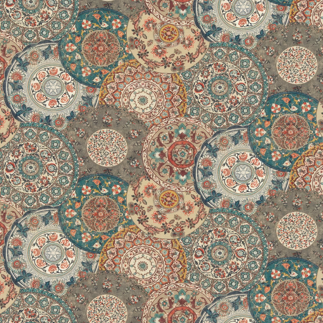 Muted teal Chifu fabric with overlapping ornate medallions, rust and cream accents