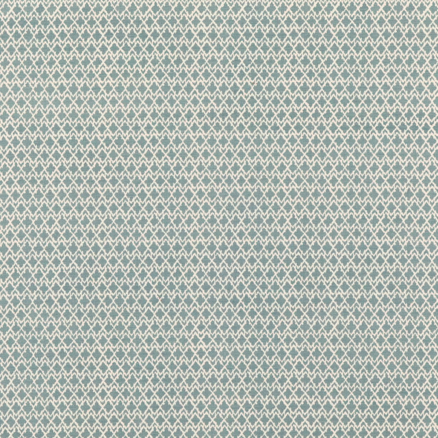 Muted aqua woven fabric with fine cream interlocking geometric rows