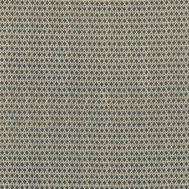 Cool blue-grey fabric with a cream linked-diamond geometric woven pattern