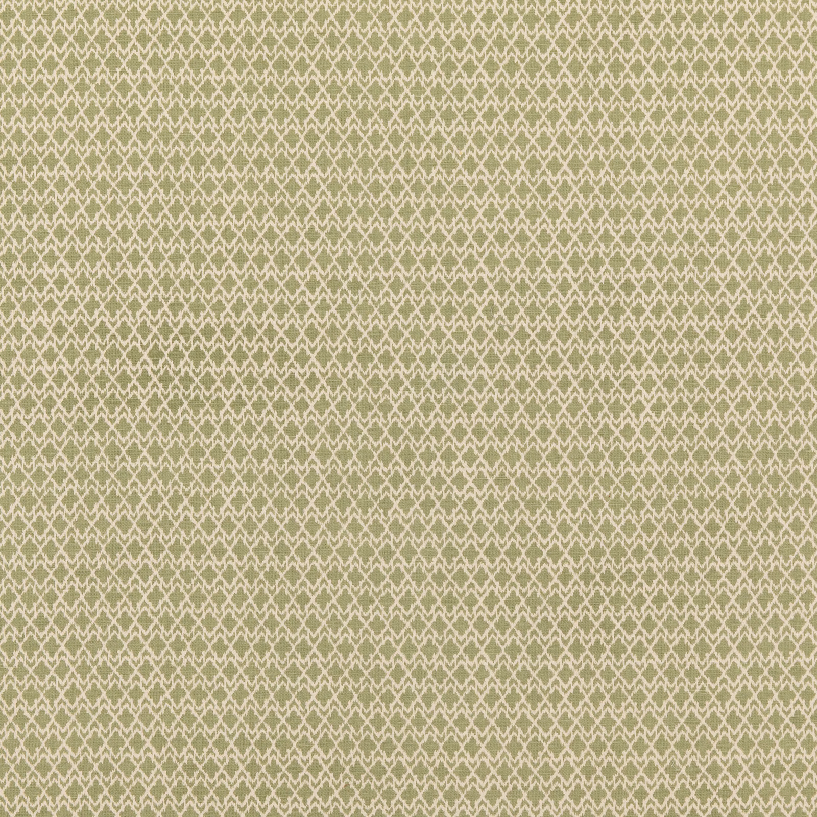 Muted sage-olive fabric with a small cream interlocking geometric pattern and textured weave