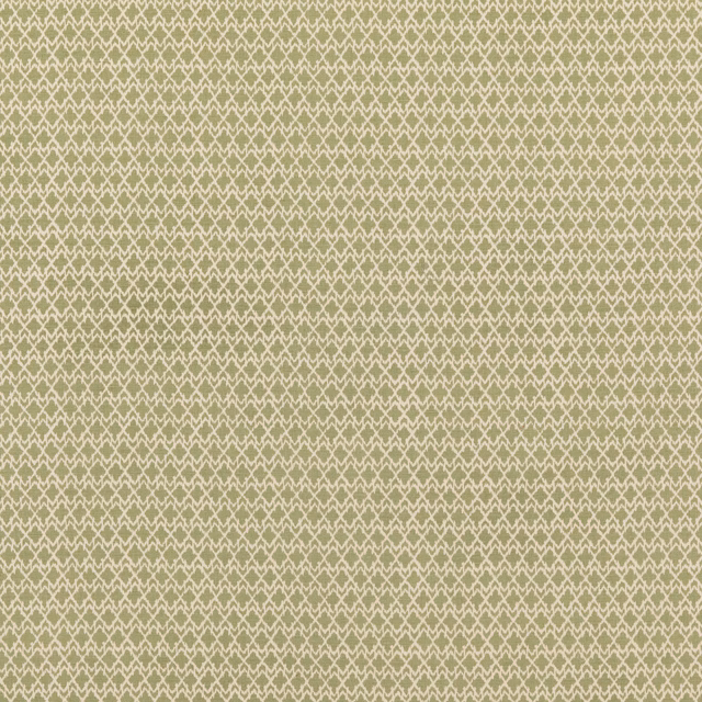 Muted sage-olive fabric with a small cream interlocking geometric pattern and textured weave