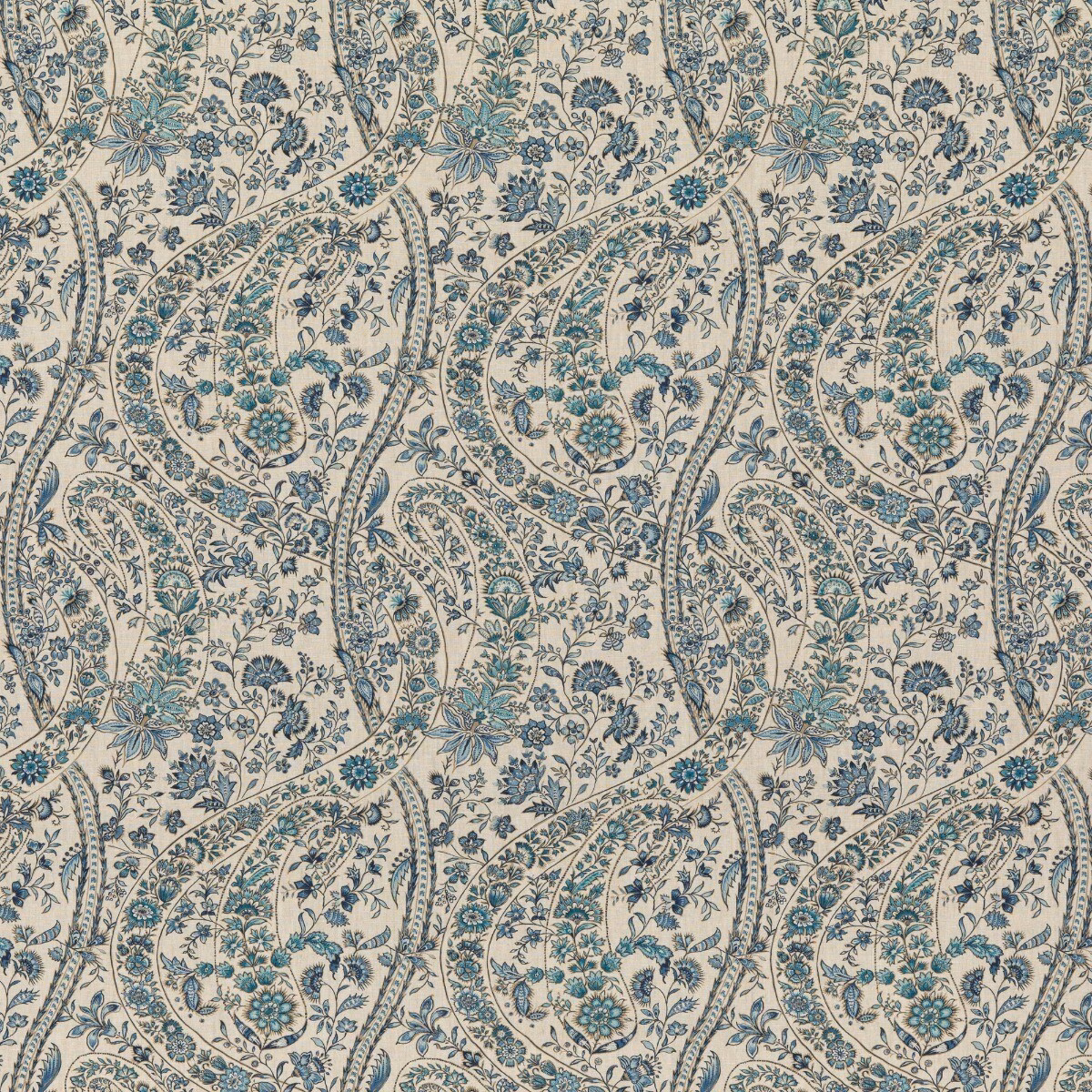 Ivory linen covered in muted blue paisleys, curling vines and teal floral clusters