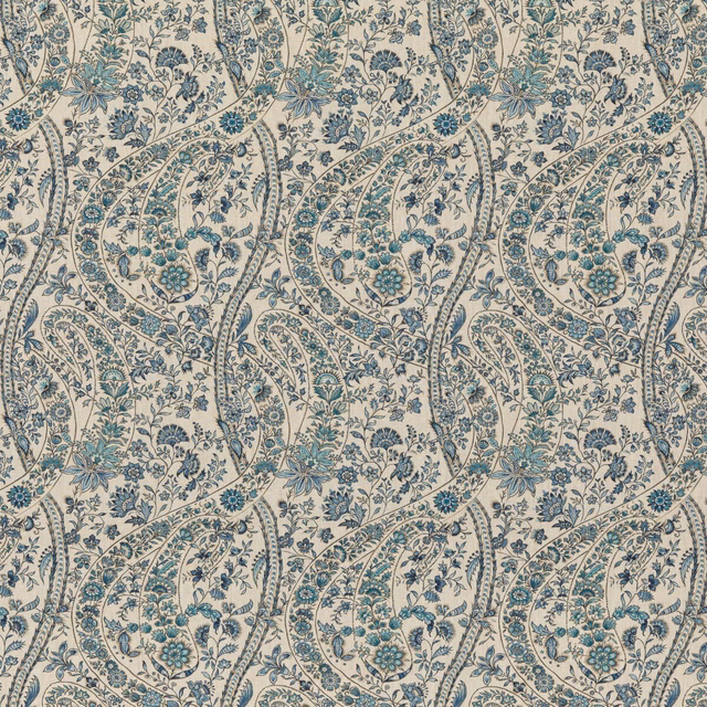 Ivory linen covered in muted blue paisleys, curling vines and teal floral clusters
