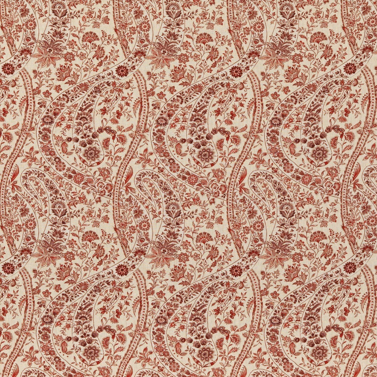 Rust-red paisley vines and floral sprays repeat across a warm cream linen ground