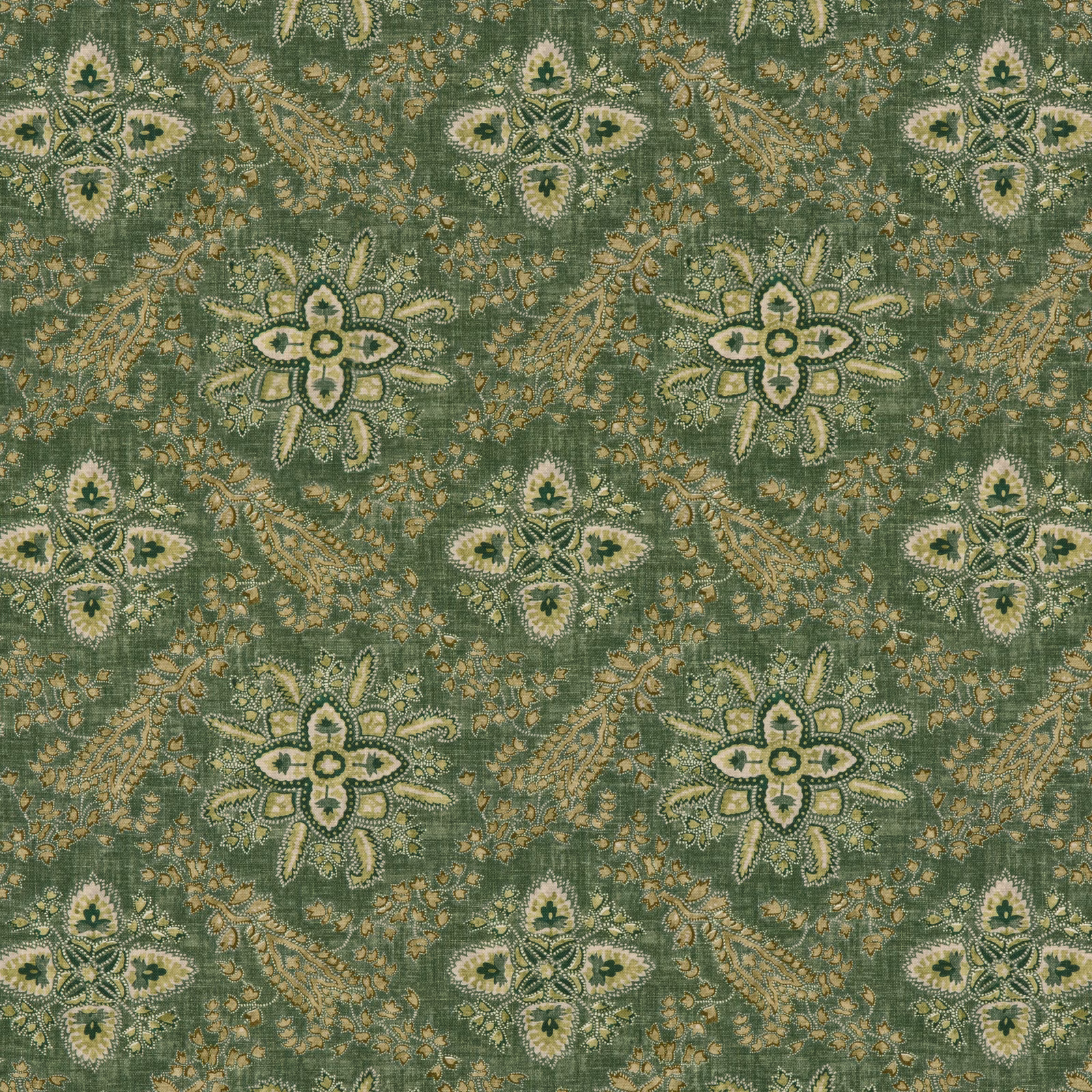 Muted emerald woven fabric with cream paisley-floral medallions and ochre detailing