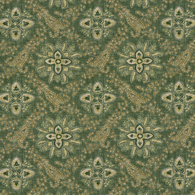 Muted emerald woven fabric with cream paisley-floral medallions and ochre detailing