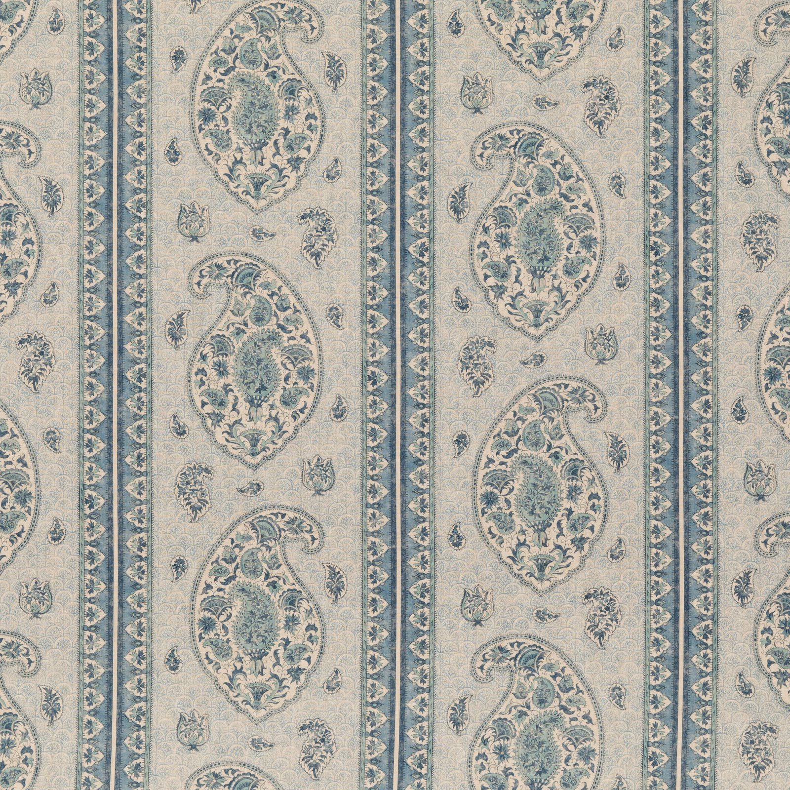 Muted blue-grey linen with ivory paisley medallions and narrow ornamental stripes