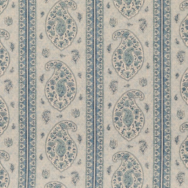 Muted blue-grey linen with ivory paisley medallions and narrow ornamental stripes