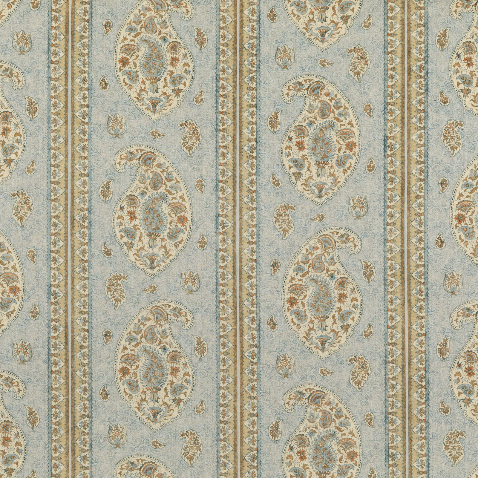 Blue and sand linen with vertical paisley bands and ornate floral motifs