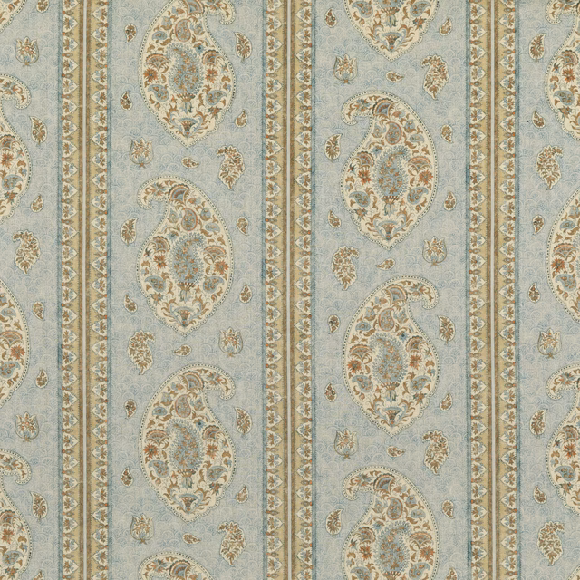 Blue and sand linen with vertical paisley bands and ornate floral motifs