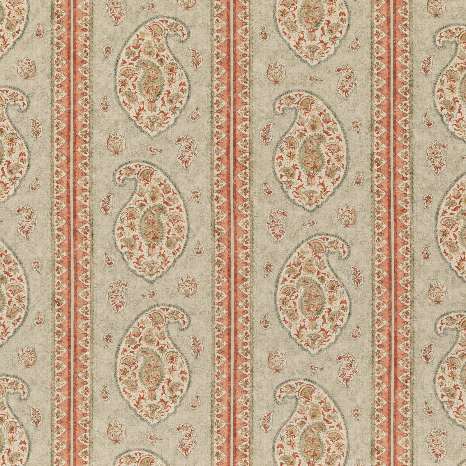 Muted sage linen with terracotta paisleys, cream details and narrow ornamental stripes