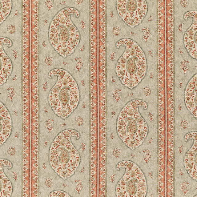 Muted sage linen with terracotta paisleys, cream details and narrow ornamental stripes