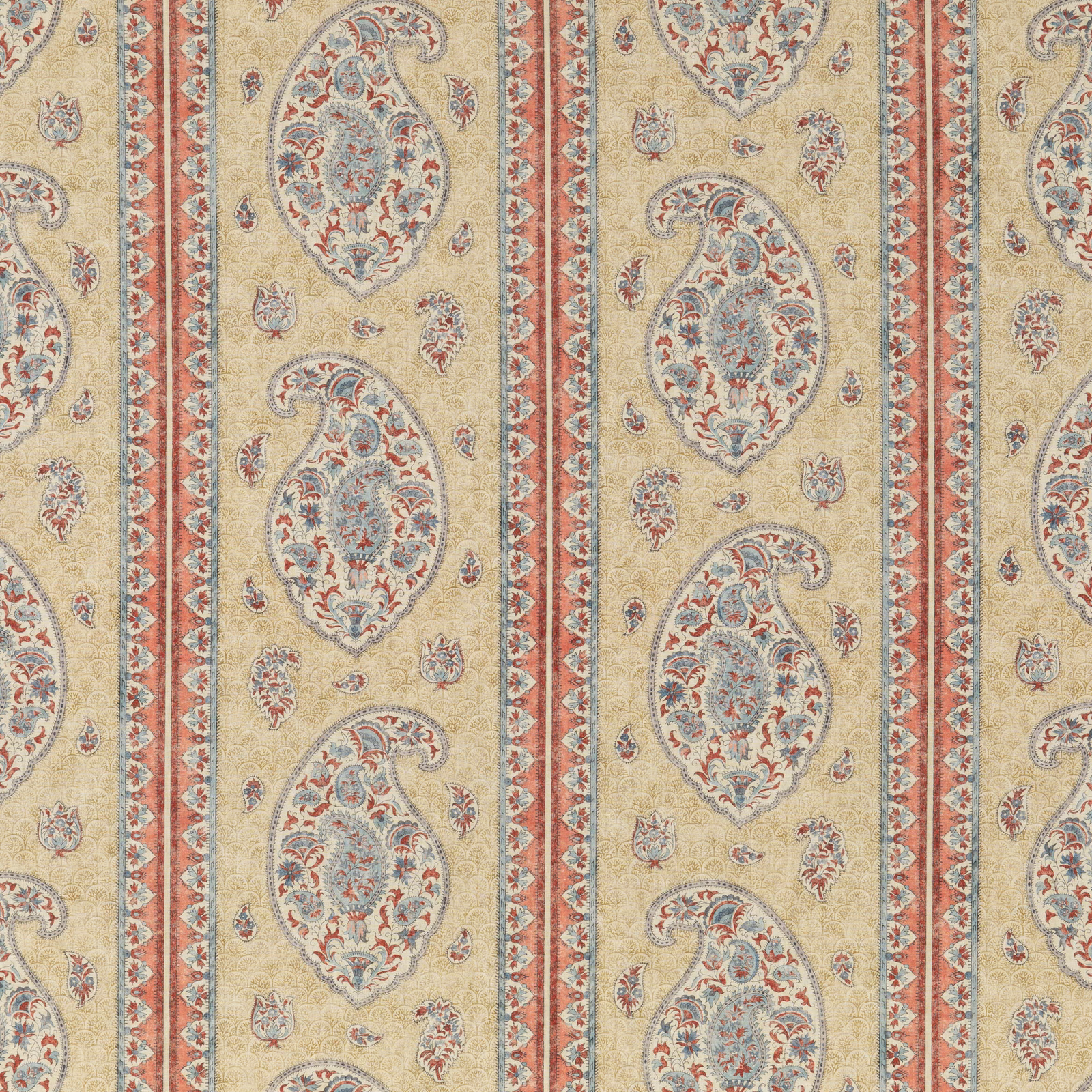 Muted red and blue paisley medallions arranged in cream vertical stripes