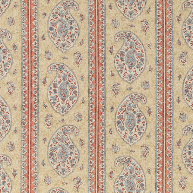 Muted red and blue paisley medallions arranged in cream vertical stripes