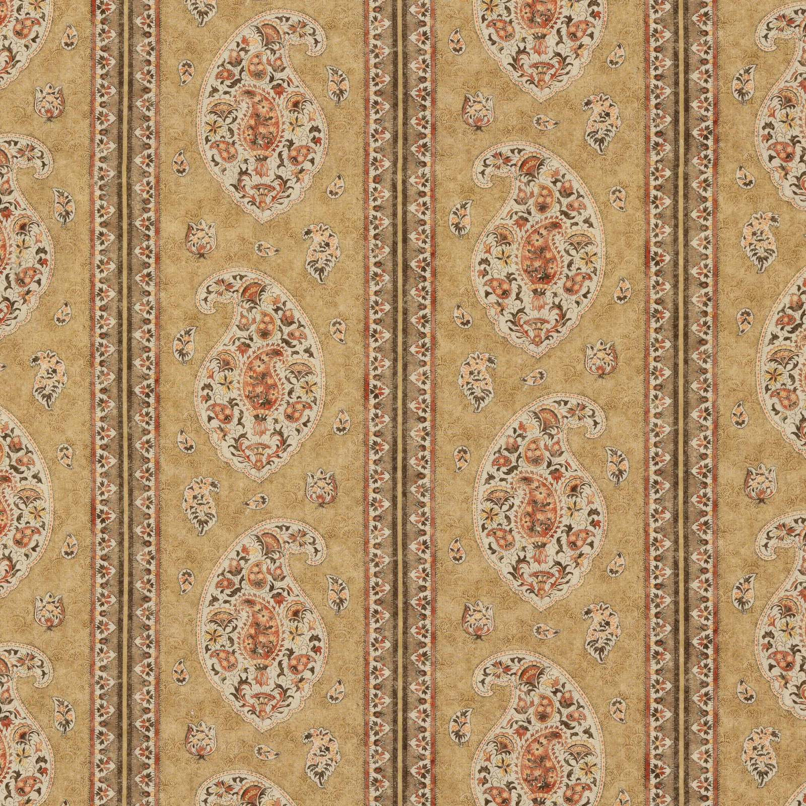 Tobacco linen with rust paisleys, cream detailing and narrow vertical borders