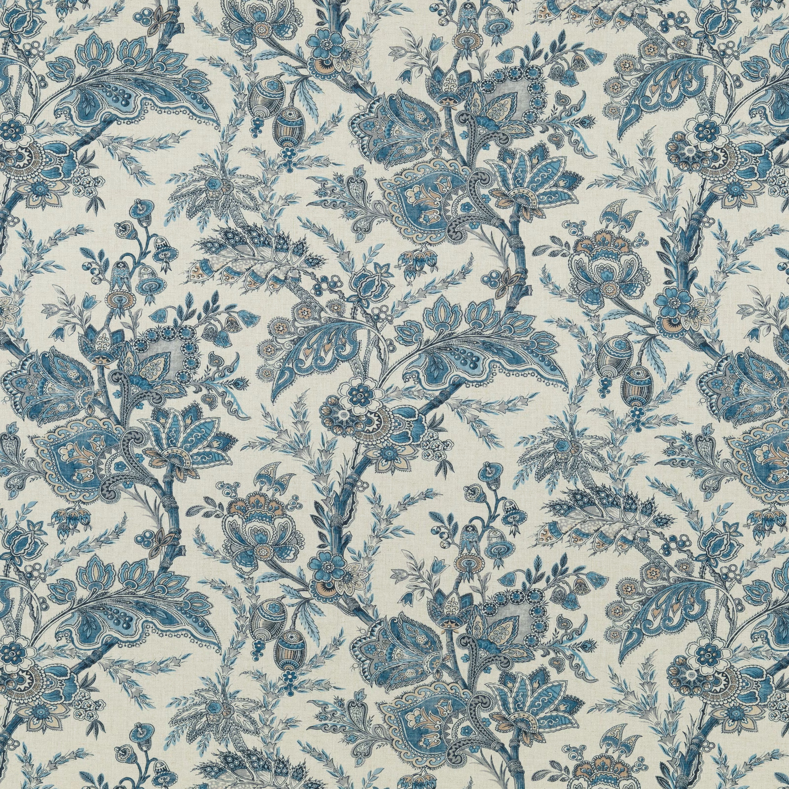 Blue floral paisley motifs on a sandy ground with fine leafy botanical detail
