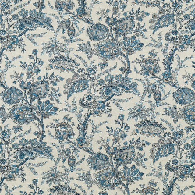 Blue floral paisley motifs on a sandy ground with fine leafy botanical detail