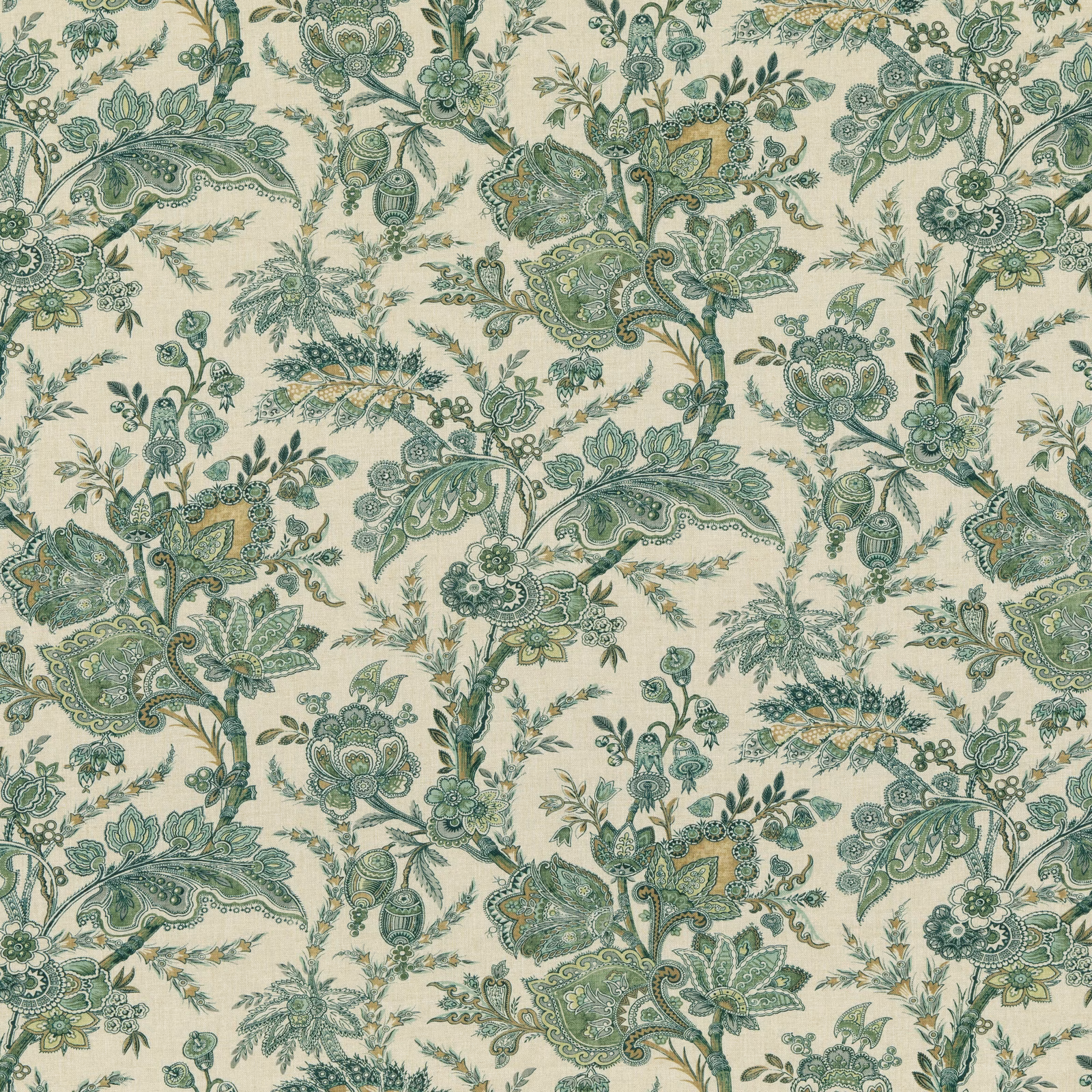 Cream-ground fabric with muted emerald paisleys, botanical foliage, flowers and ochre accents