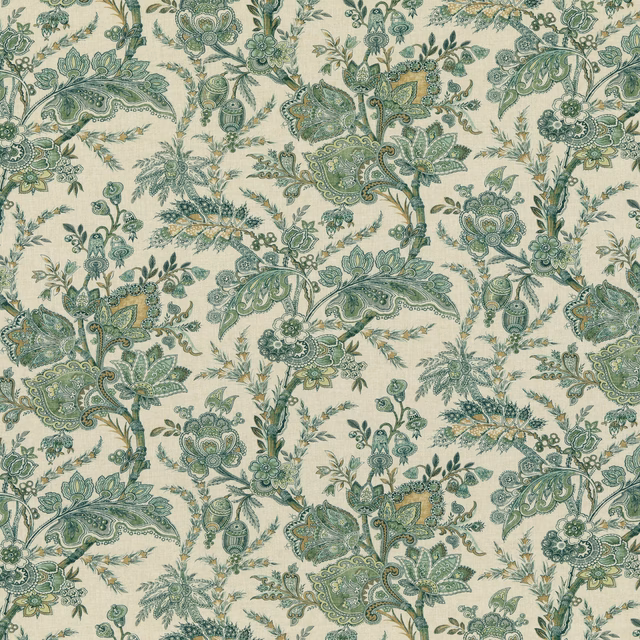 Cream-ground fabric with muted emerald paisleys, botanical foliage, flowers and ochre accents