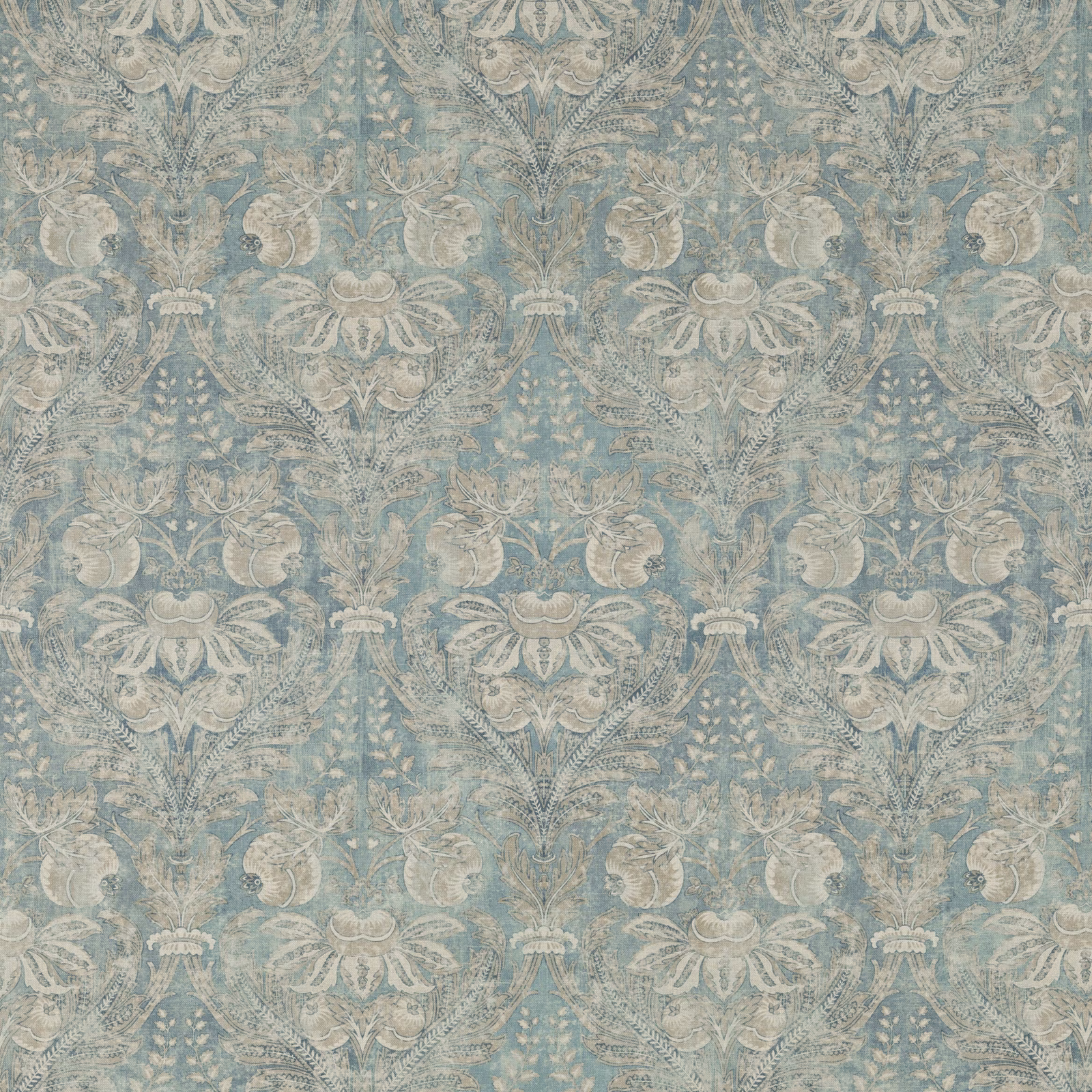 Muted powder-blue damask with ivory floral motifs and a softly mottled textile surface
