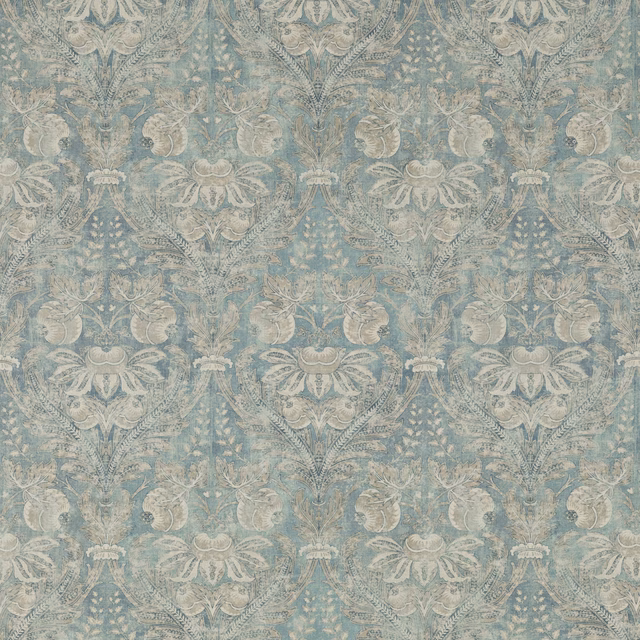Muted powder-blue damask with ivory floral motifs and a softly mottled textile surface