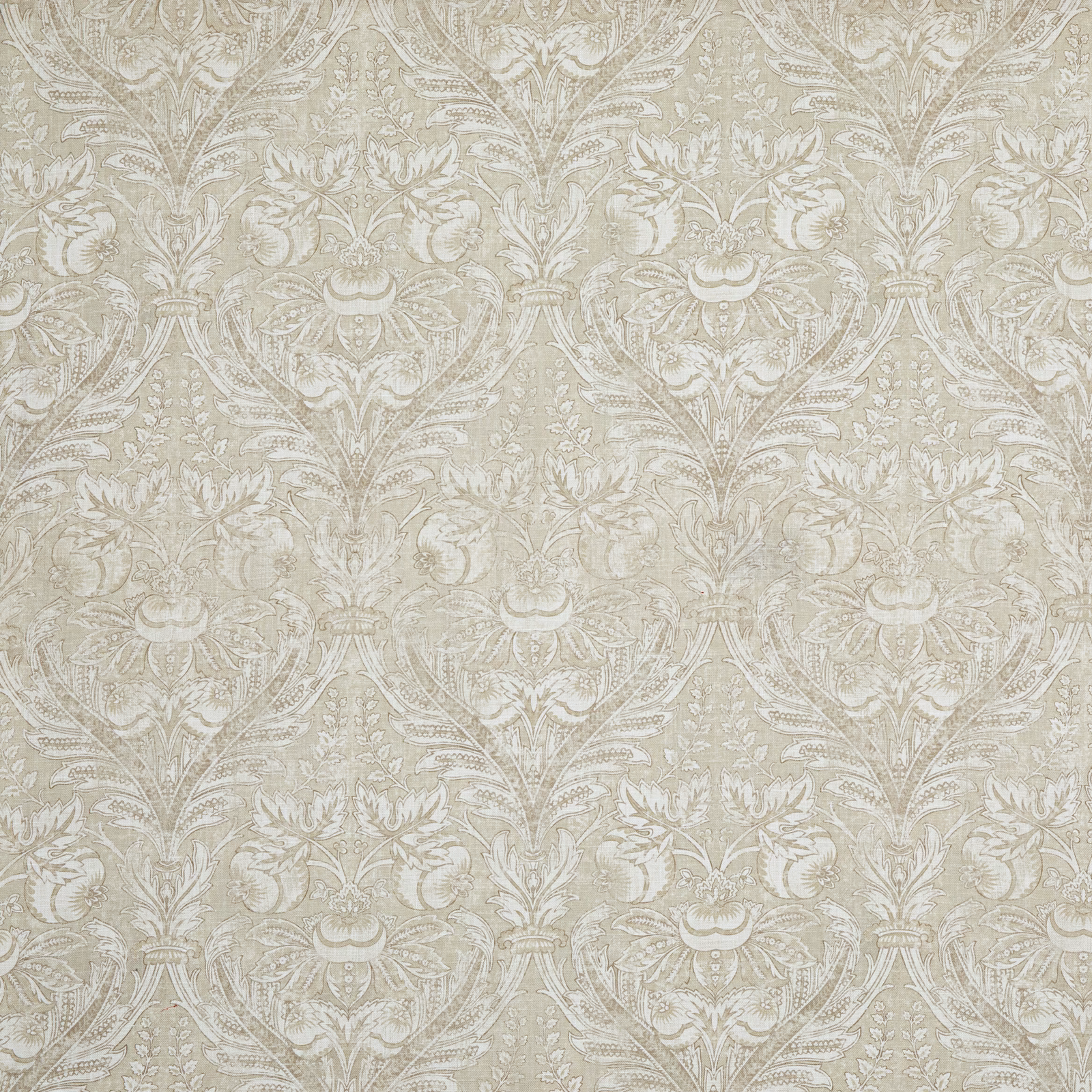 Pale dove-grey damask with cream scrollwork and softly textured woven detail