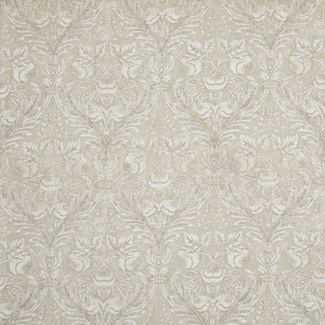Pale dove-grey damask with cream scrollwork and softly textured woven detail